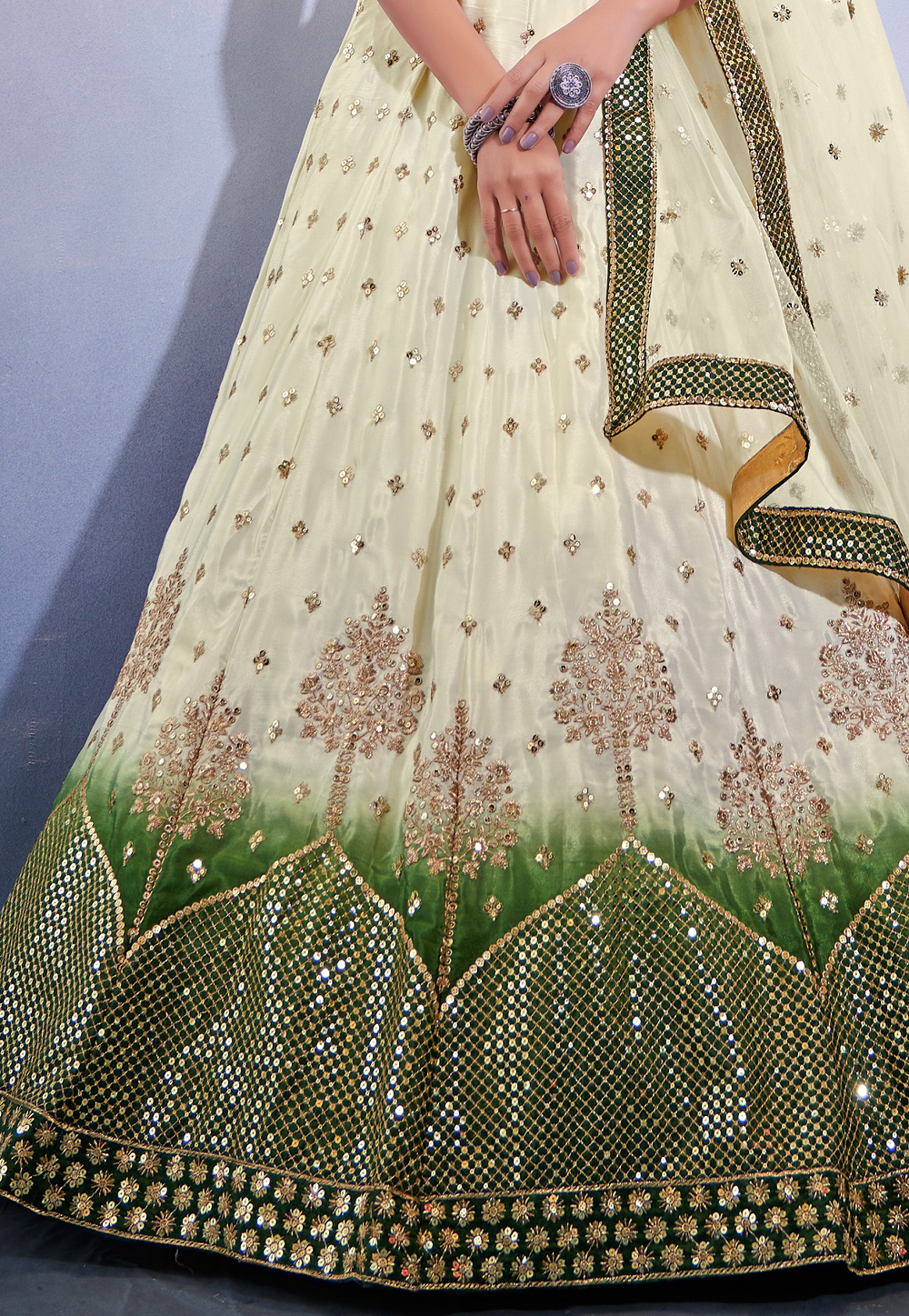Chinon Silk Embroidered Lehenga in Off White and Green