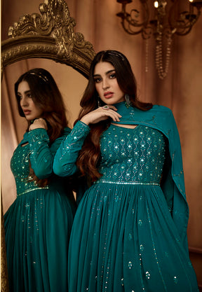 Georgette Embroidered Abaya Style Suit in Teal Blue
