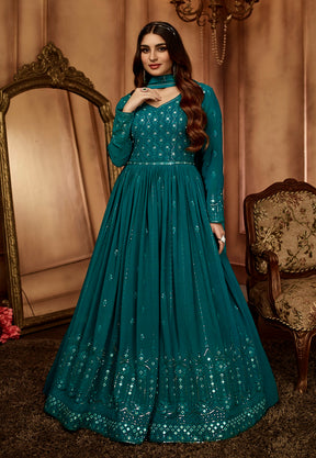 Georgette Embroidered Abaya Style Suit in Teal Blue