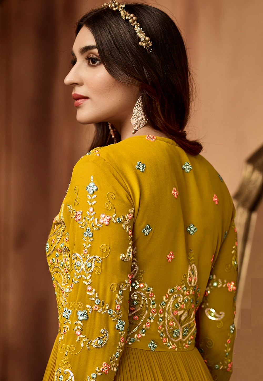 Georgette Embroidered Abaya Style Suit in Mustard