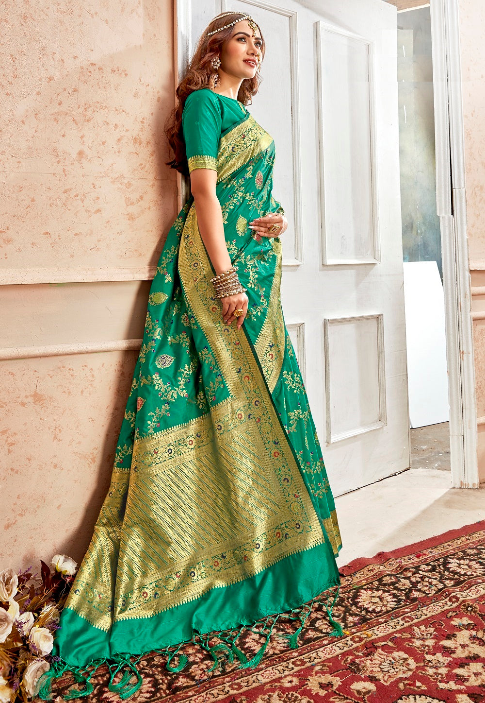 Banarasi Silk Saree in Teal Green