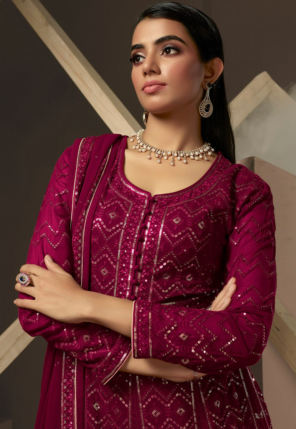 Georgette Embroidered Abaya Style Suit in Magenta