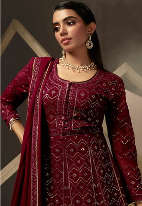 Georgette Embroidered Abaya Style Suit in Wine