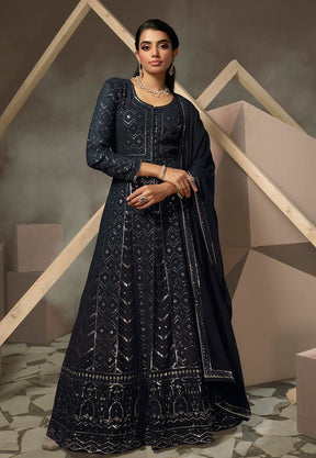 Georgette Embroidered Abaya Style Suit in Black