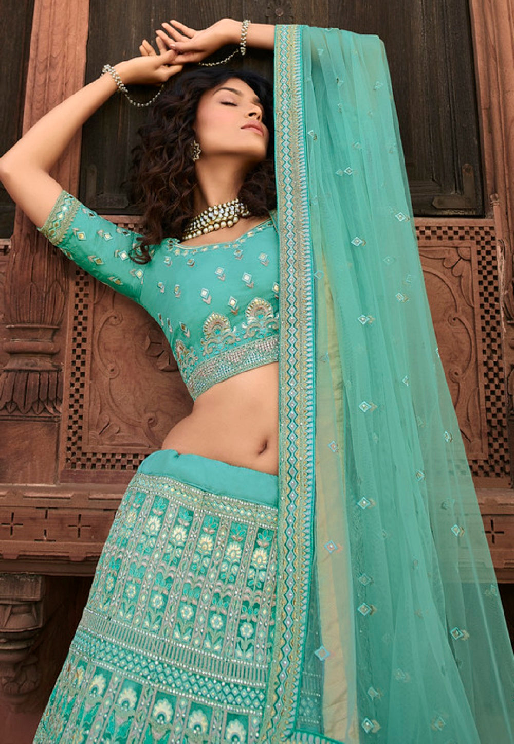 Embroidered Organza Lehenga in Turquoise