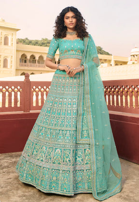 Embroidered Organza Lehenga in Turquoise