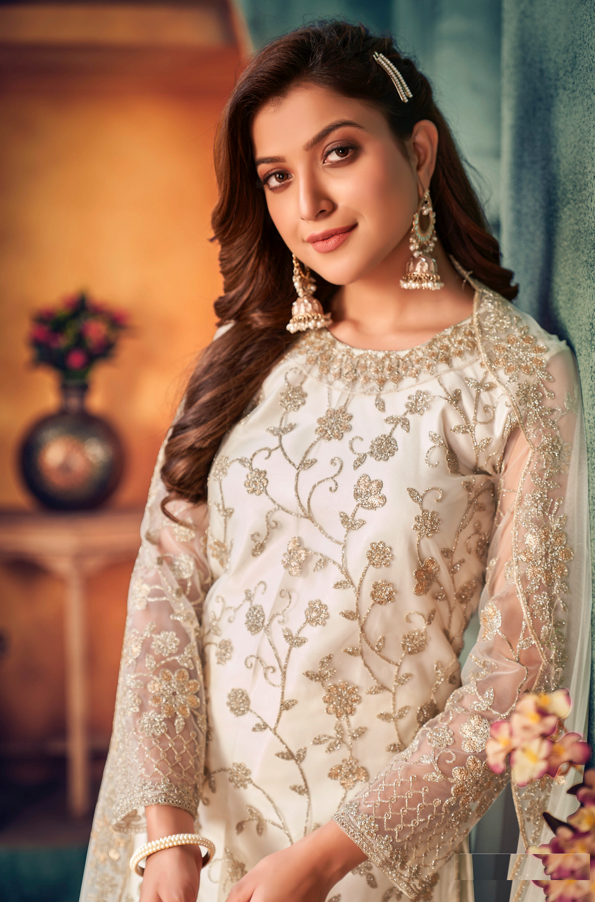 Embroidered Net Pakistani Suit in Off White