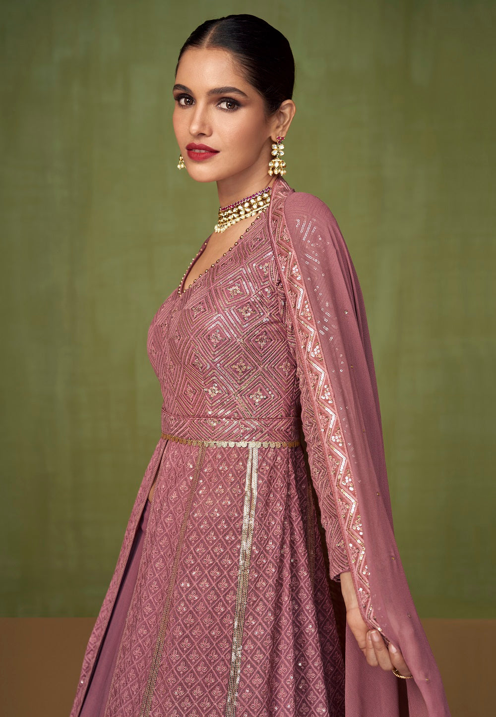 Georgette Embroidered Lehenga in Old Rose