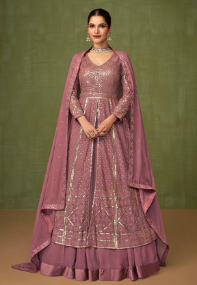 Georgette Embroidered Lehenga in Old Rose