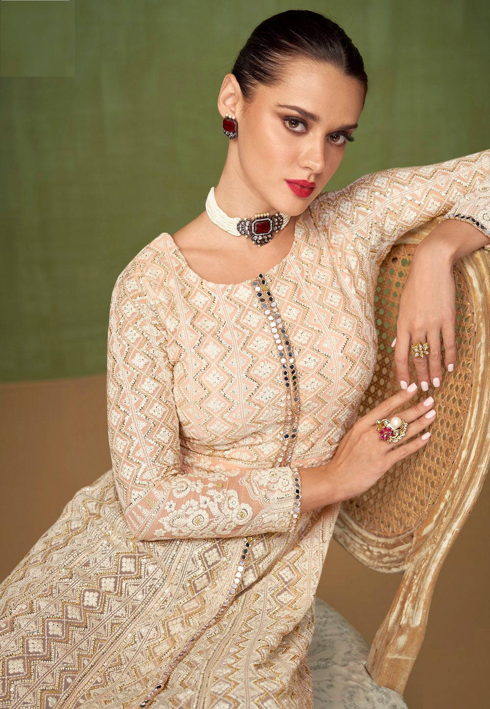 Georgette Embroidered Front Slit Pakistani Suit in Peach
