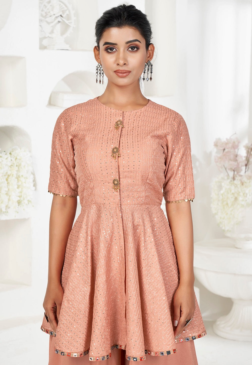 Embroidered Peplum Style Silk Suit in Peach