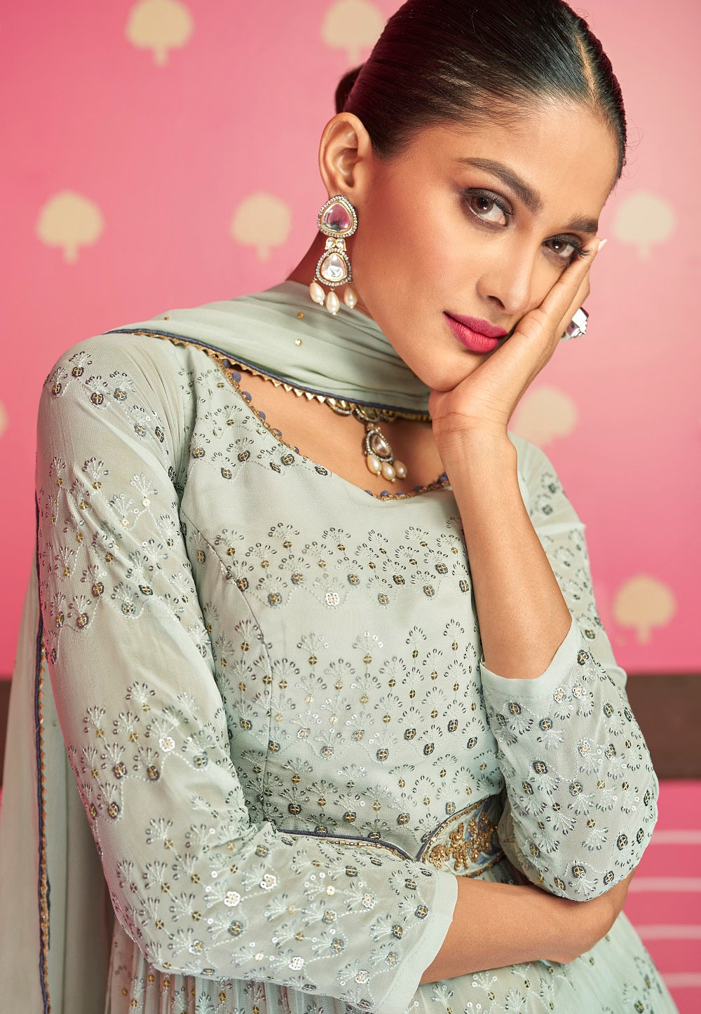Georgette Embroidered Pakistani Suit in Pastel Green