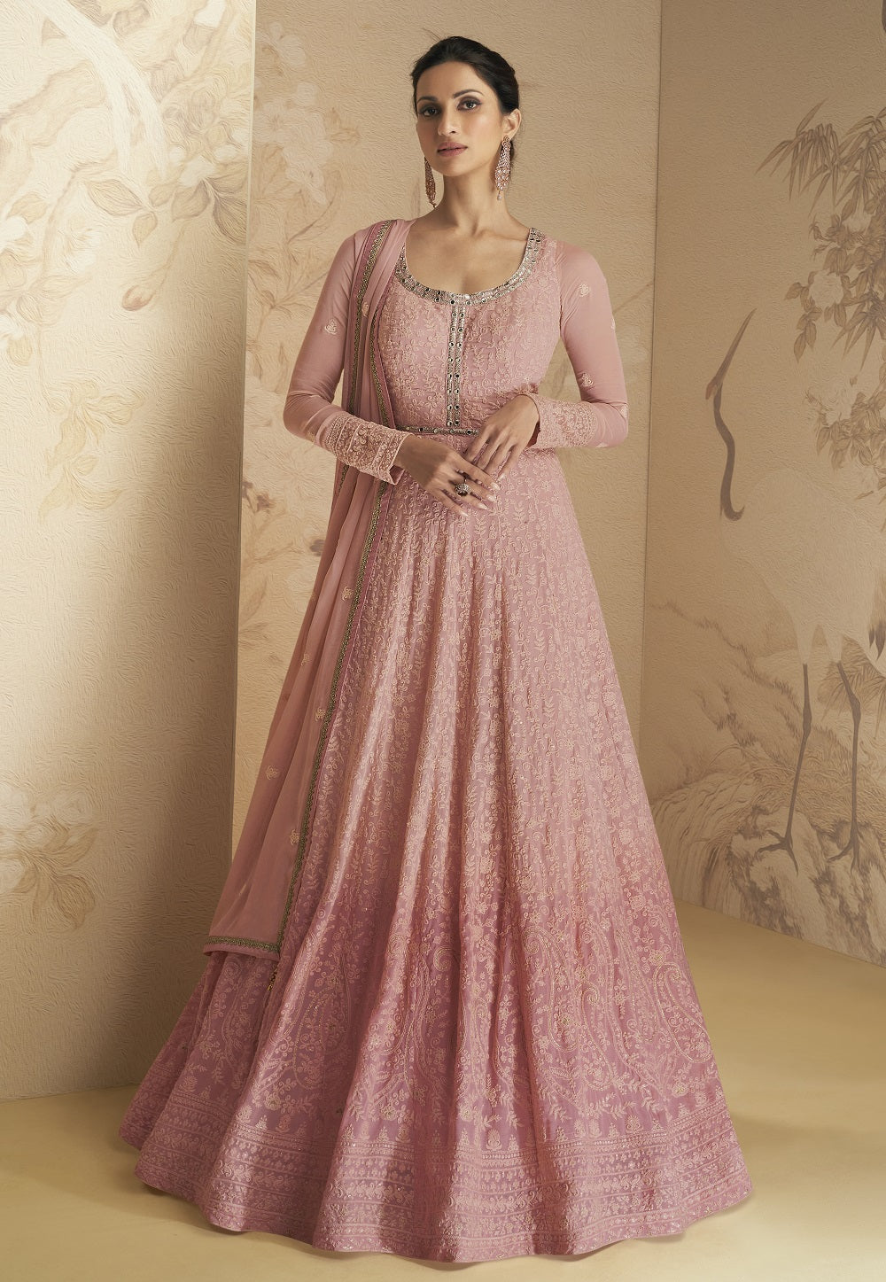 Georgette Embroidered Abaya Style Suit in Pink