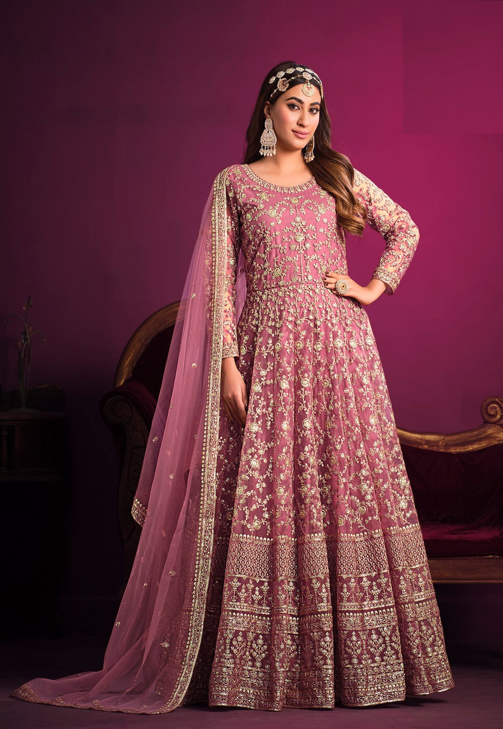Net Embroidered Abaya Style Suit in Pink