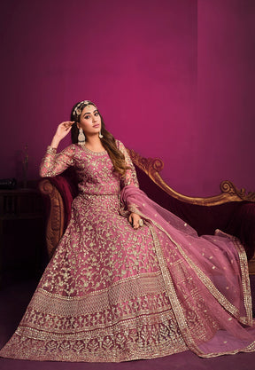 Net Embroidered Abaya Style Suit in Pink