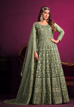 Embroidered Net Abaya Style Suit in Pastel Green