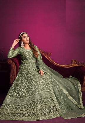 Embroidered Net Abaya Style Suit in Pastel Green
