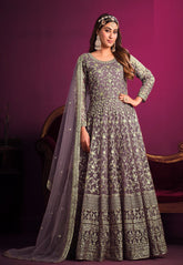 Embroidered Net Abaya Style Suit in Grey