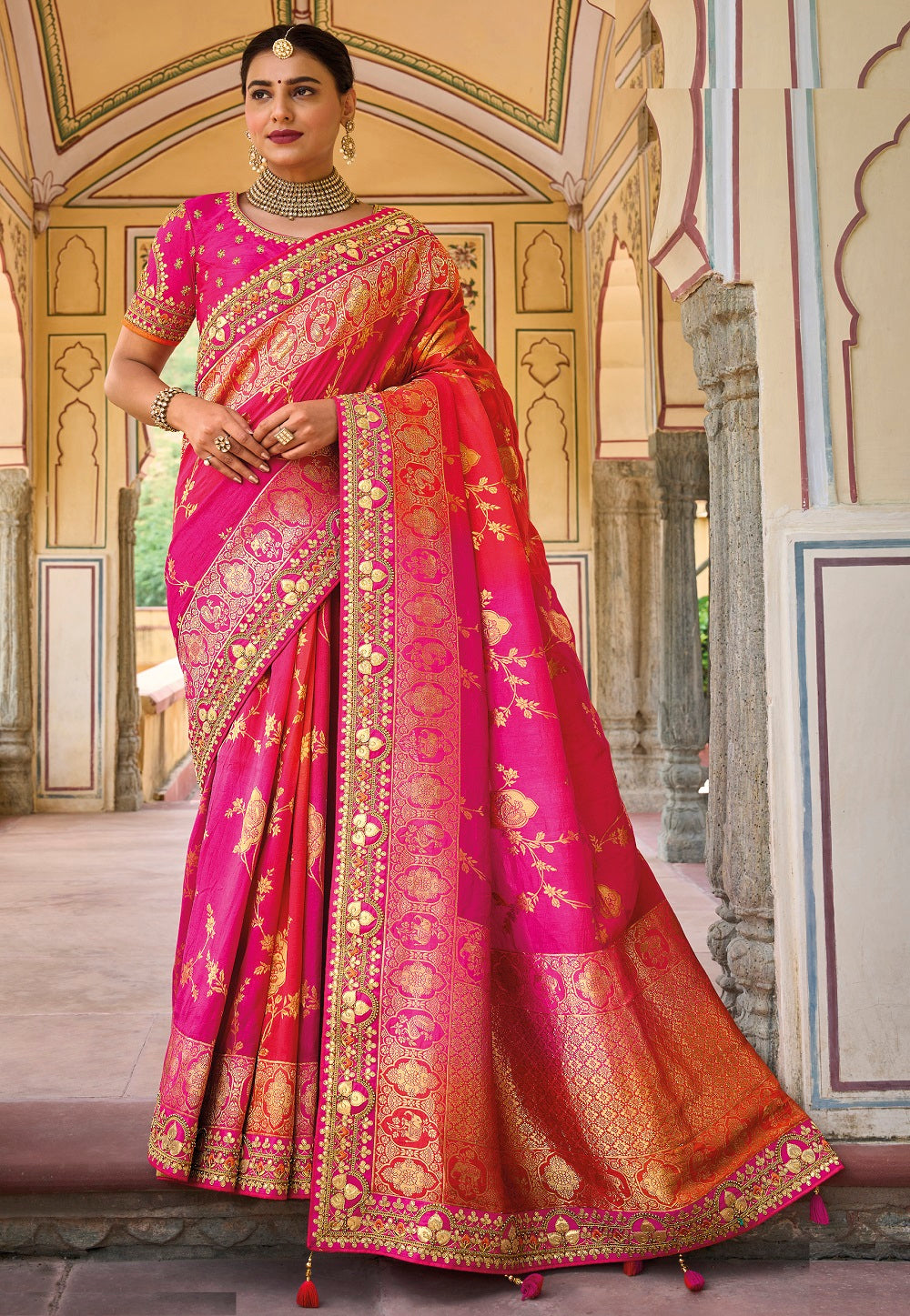 Art Silk Woven Saree in Pink