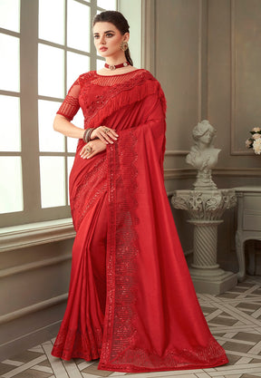 Embroidered Art Silk Saree in Red
