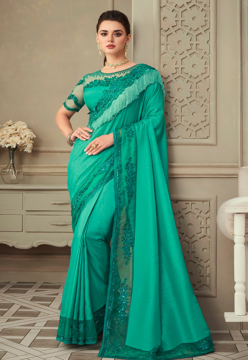 Embroidered Art Silk Saree in Teal Blue