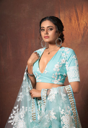 Lucknowi Net Embroidered Lehenga in Sky Blue