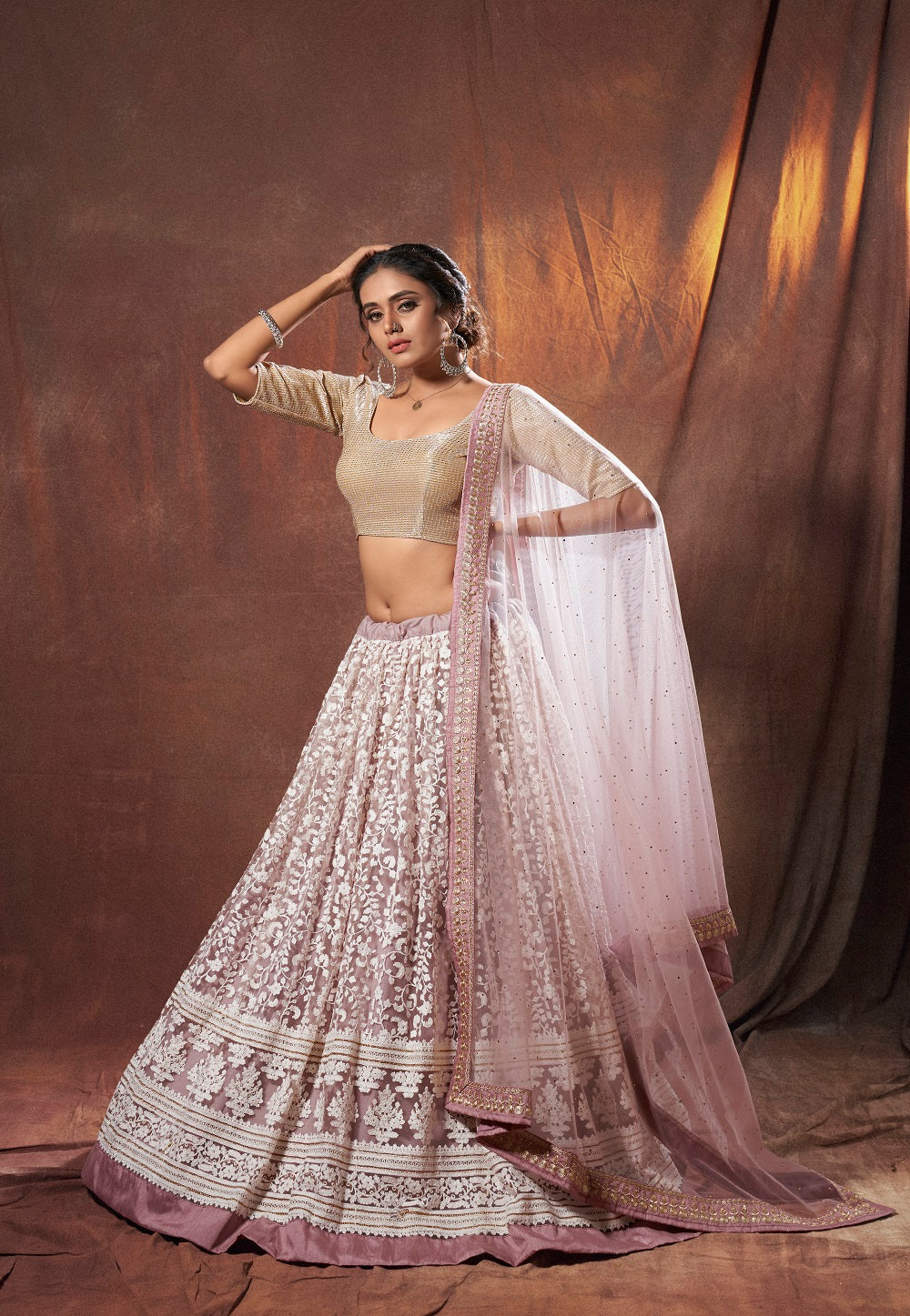 Lucknowi Net Embroidered Lehenga in Old Rose
