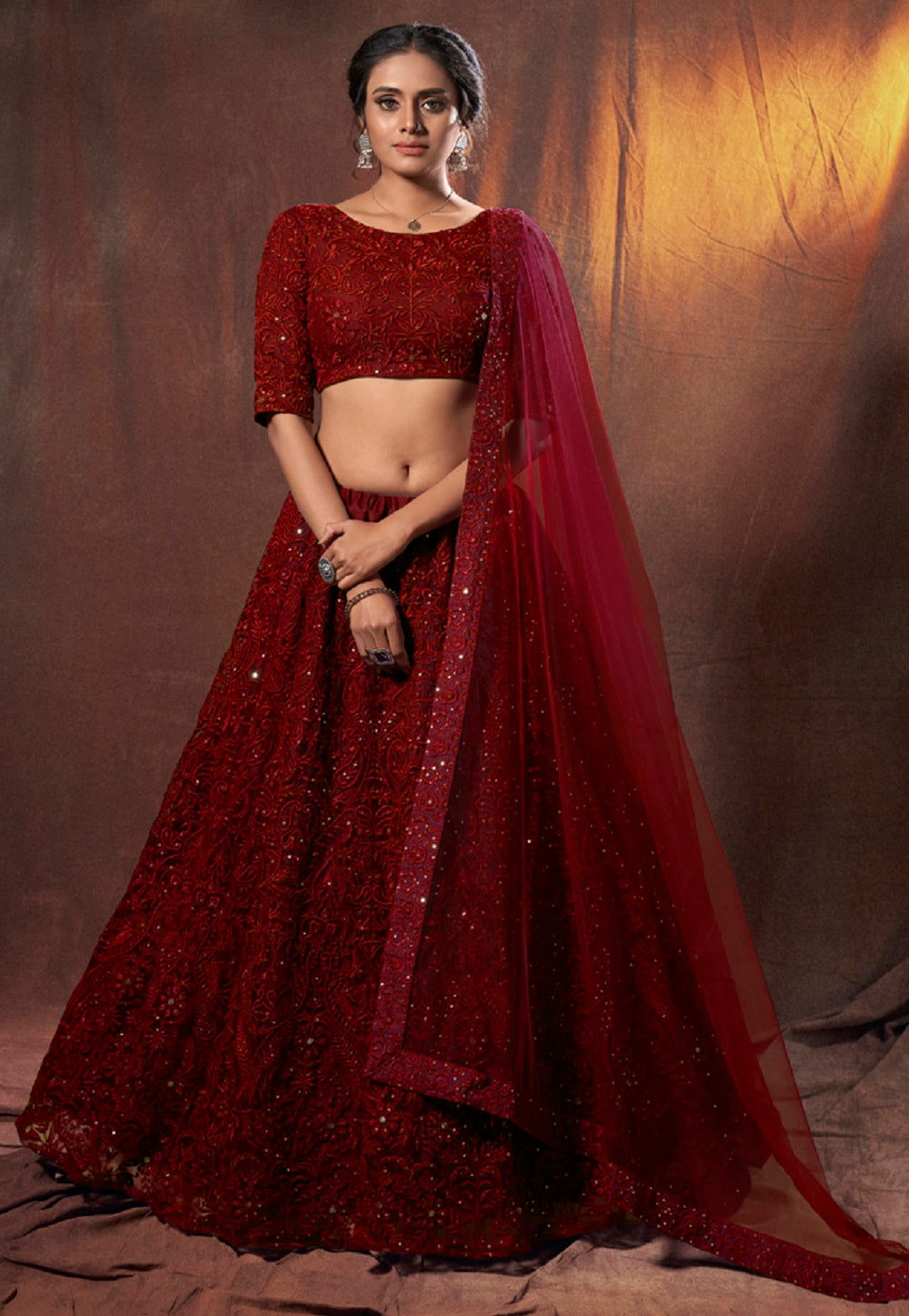 Net Embroidered Lehenga in Red
