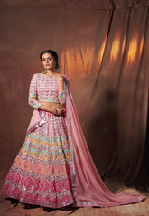 Shaded Georgette Embroidered Lehenga in Mauve and Pink