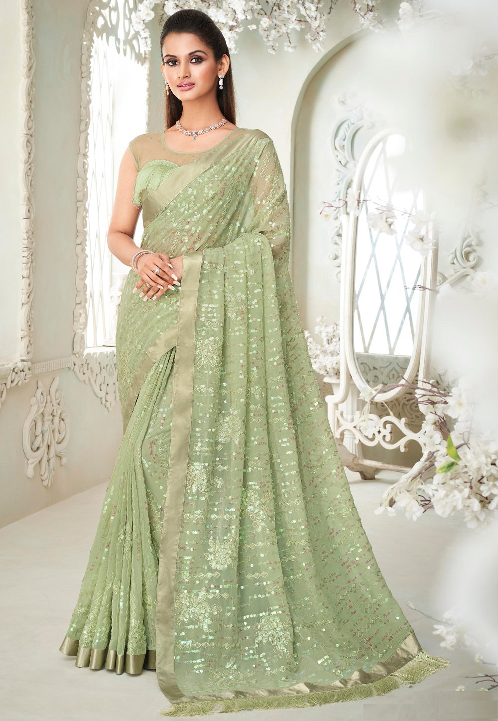Georgette Sequinned Saree in Light Green