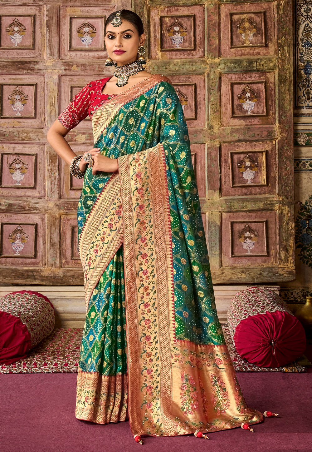 Woven Viscose Silk Saree in  Green and Blue