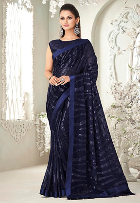 Georgette Sequinned Saree in Light Navy Blue