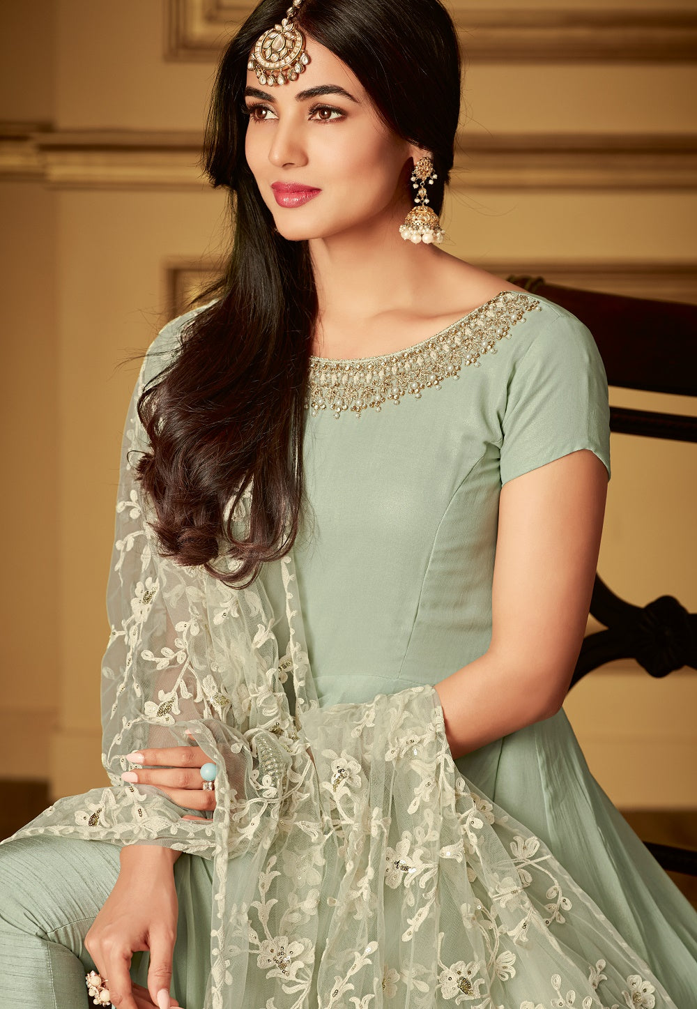 Embroidered Neckline Georgette Abaya Style Suit in Pastel Green