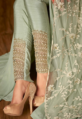 Embroidered Neckline Georgette Abaya Style Suit in Pastel Green