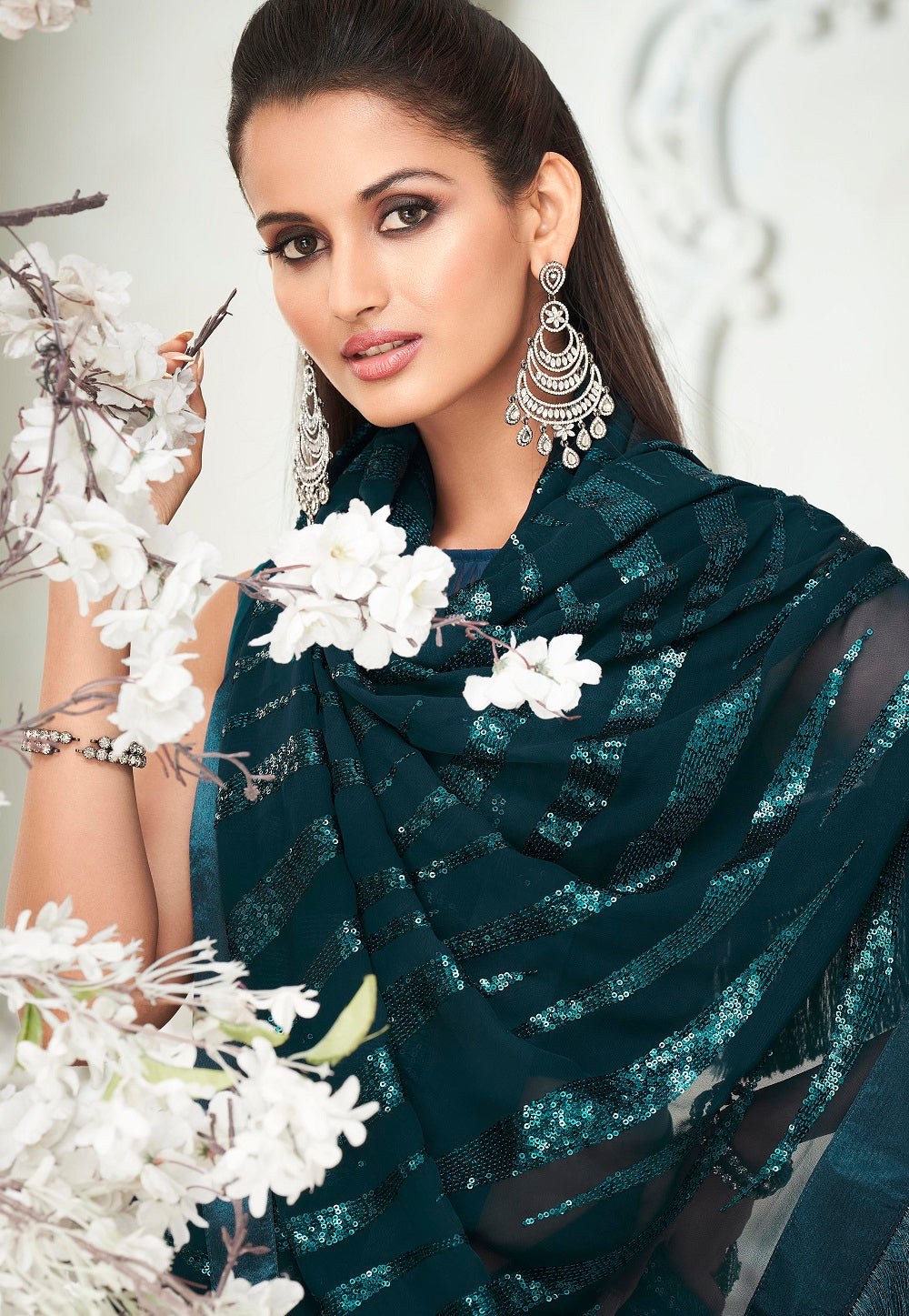 Georgette Sequinned Saree in Teal Green