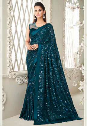 Georgette Sequinned Saree in Blue