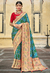 Woven Viscose Silk Saree in Turquoise and Green