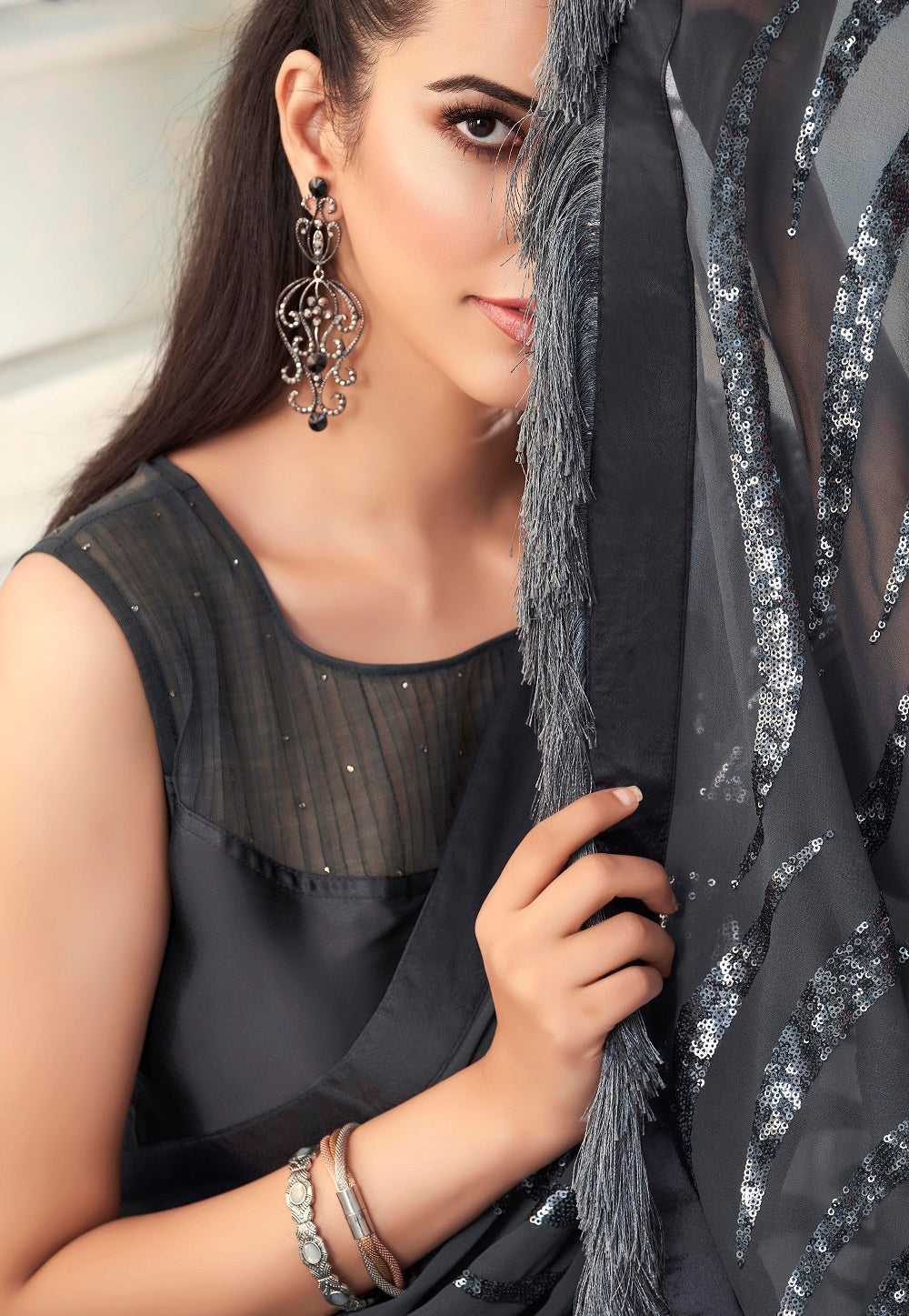 Georgette Sequinned Saree in Grey
