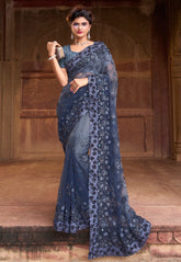 Net Embroidered Saree in Dusty Blue