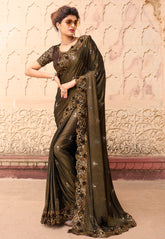Embroidered Lycra Saree in Brown