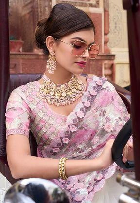 Embroidered Net Saree in Pink and Cream