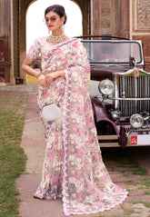 Embroidered Net Saree in Pink and Cream