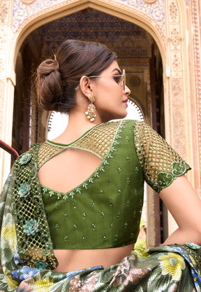 Embroidered Net Half N Half Saree in Green