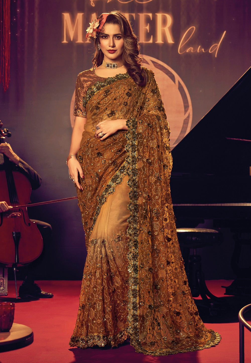Net Embroidered Scalloped Saree in Brown