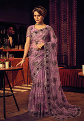 Net Embroidered Saree in Purple