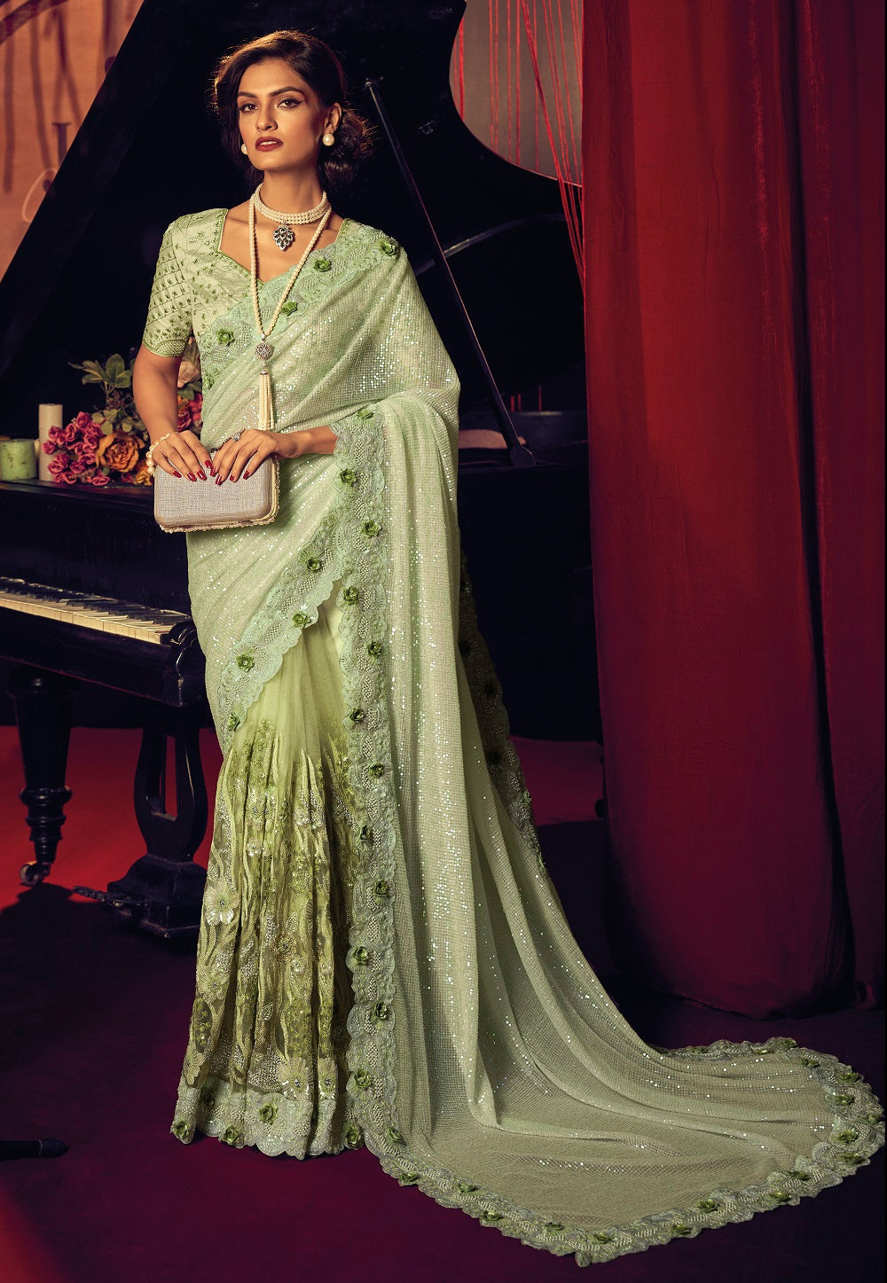 Georgette Embroidered Scalloped Saree in Light Green