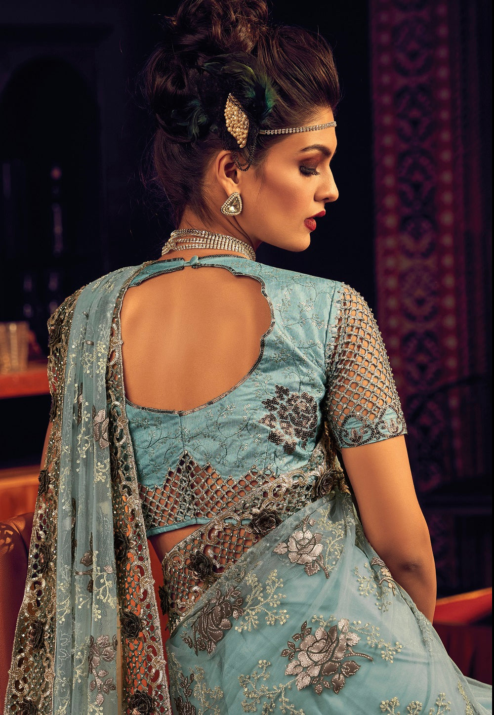 Net Embroidered Saree in Sky Blue