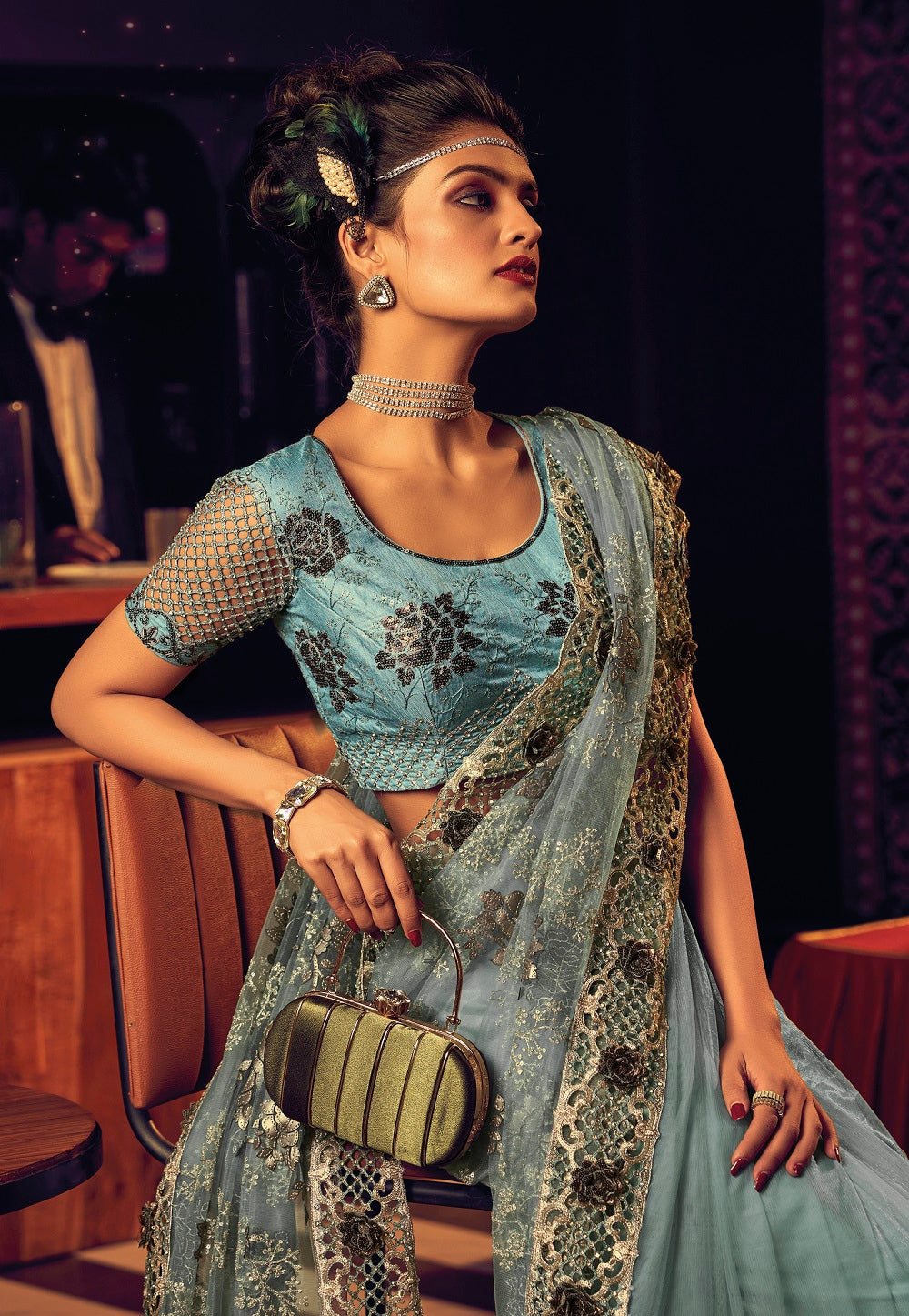 Net Embroidered Saree in Sky Blue