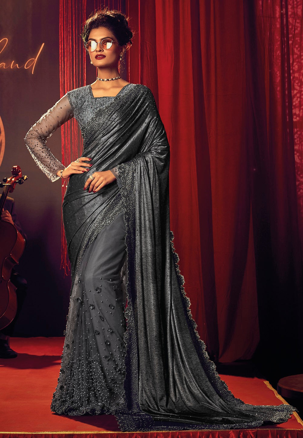 Net Embroidered Scalloped Saree in Grey