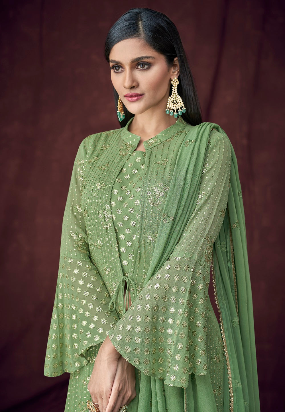 Georgette Embroidered Lehenga in Dusty Green